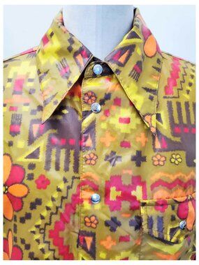 Rare 70s Roffe Men's Southwestern Ikat Psychedelic TOTEM POLE Nylon Shirt Jacket